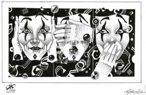 Masks Hear See Speak No Evil - Pen and Ink Illustration